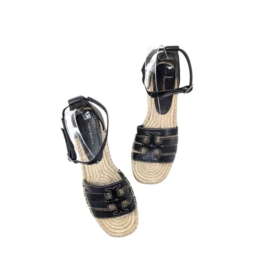 Tory Burch Ines Espadrille Wedge Sandals Black Leather Logo Size 8